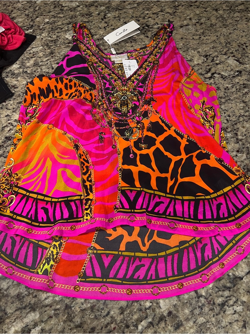 Camilla Pink and Orange Embellished Baroque Print Top